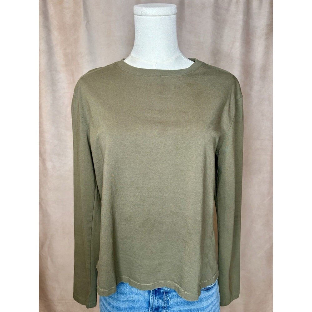 Nuuds Olive Green Long Sleeve Tee XS 100% Cotton Relaxed Boxy Raw Hem Top